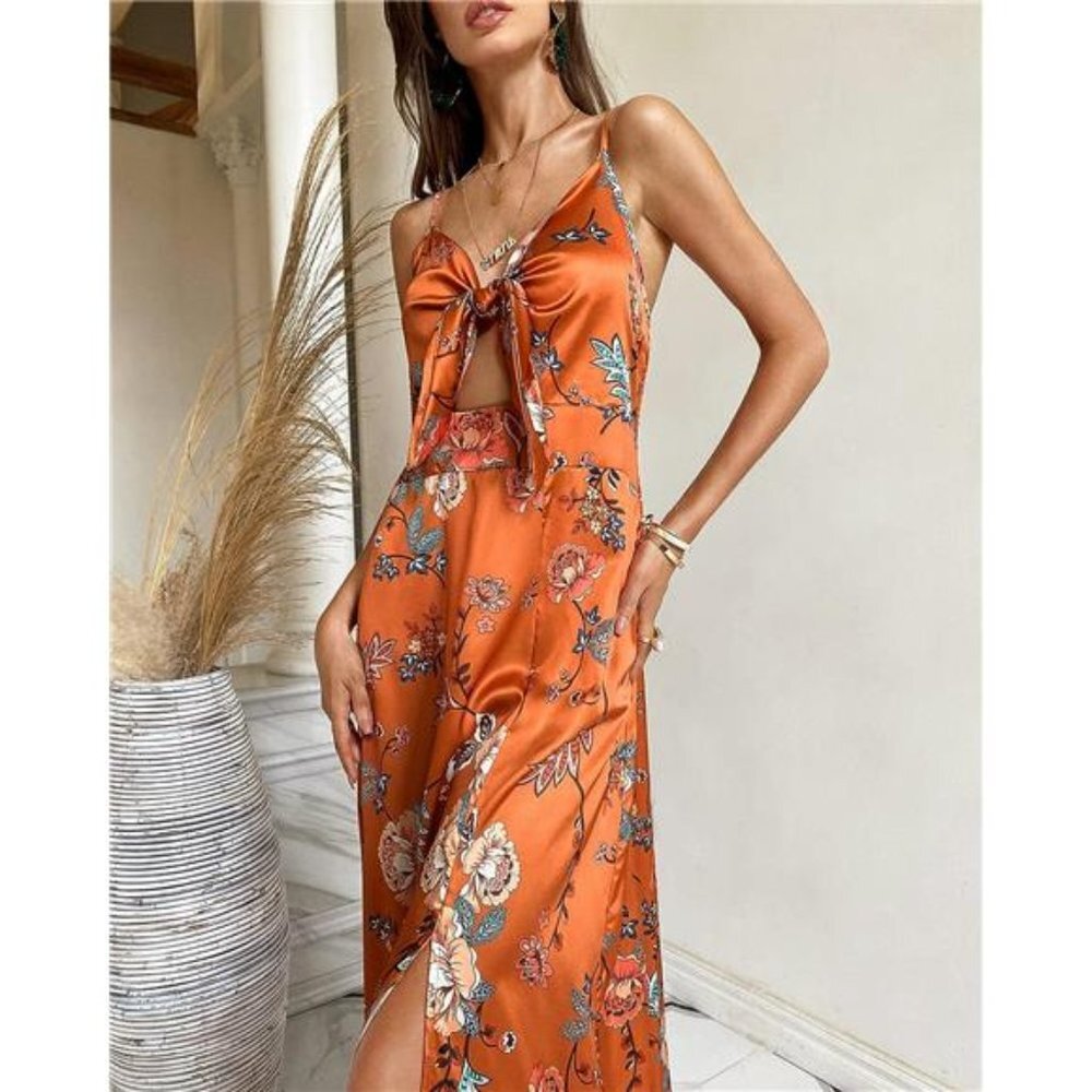 Orange Floral Print Satin Tie Front Cami A-Line Dress Flowy Midi Party Dress - Picture 4 of 6
